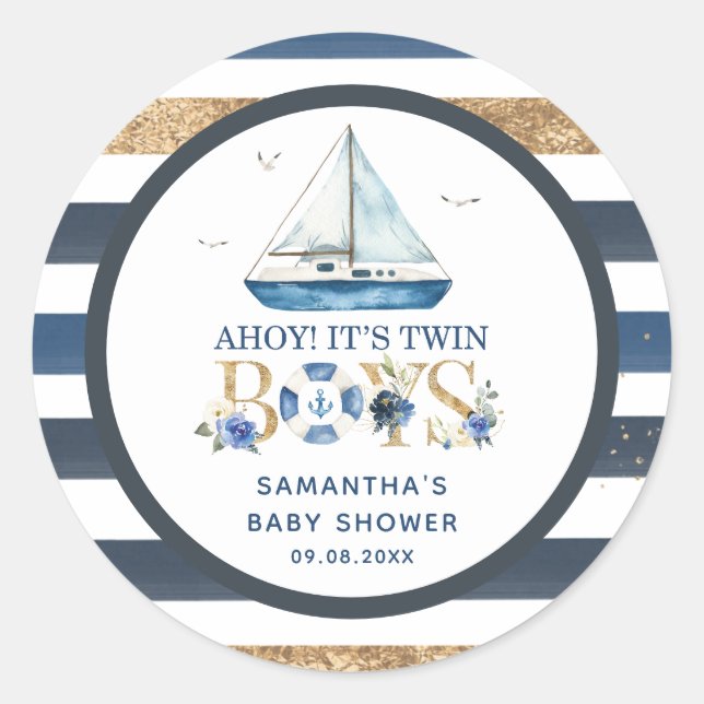 Sticker Rond Bateau bleu nautique Ahoy C'est Twin Boys Favor (Devant)