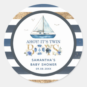 Sticker Rond Bateau bleu nautique Ahoy C'est Twin Boys Favor