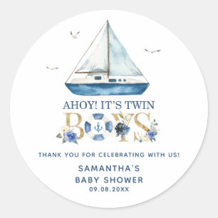 Sticker Rond Bateau bleu nautique Ahoy C'est Twin Boys Favors