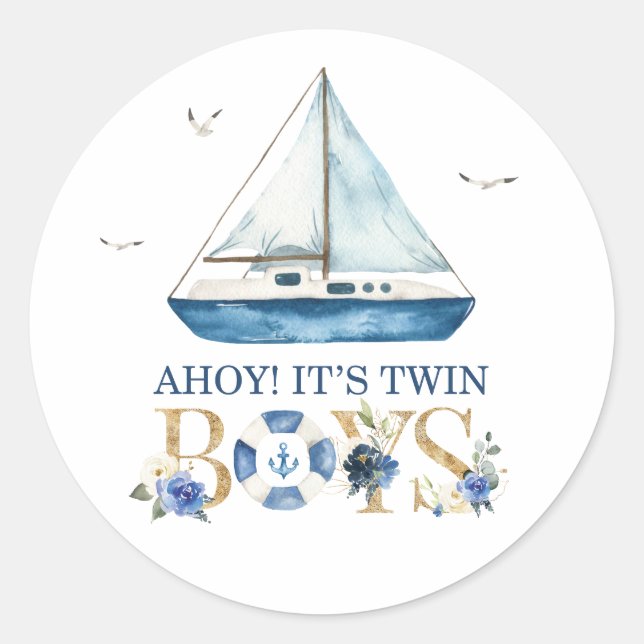 Sticker Rond Bateau bleu nautique Ahoy C'est Twin Boys Merci (Devant)