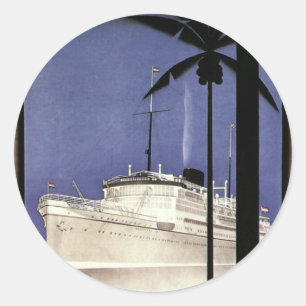 Sticker Rond Bateau de croisière tropical et palmiers vintage