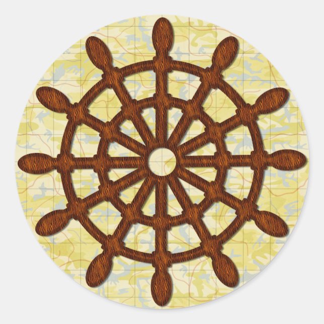 Sticker Rond Bateau Helm Roue en bois Ancienne carte Mer nautiq (Devant)