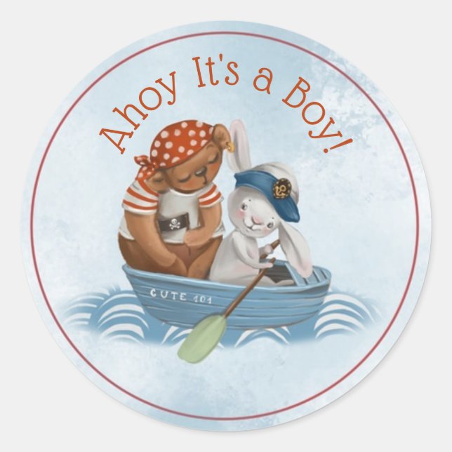 Sticker Rond Bateau nautique Ahoy C'est un Baby shower garçon (Devant)