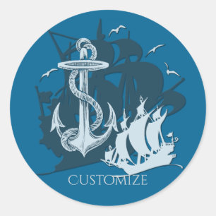 Sticker Rond Bateau pirate & Ancre Silhouette blanche