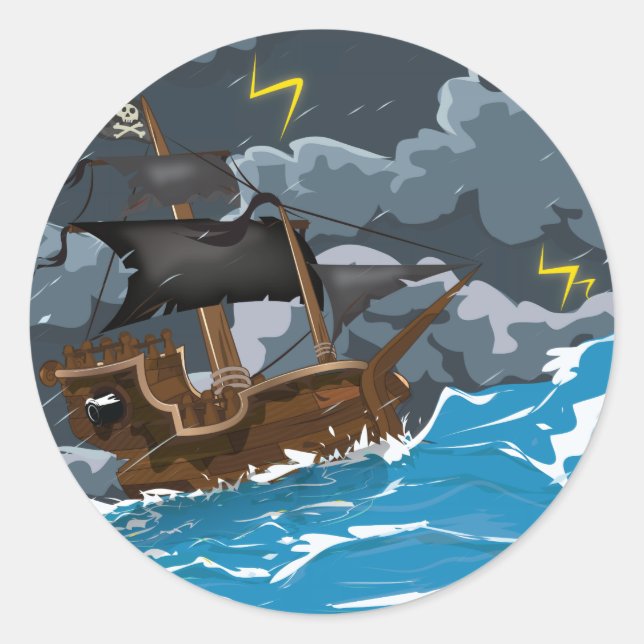 Sticker Rond Bateau pirate dans la tempête (Devant)