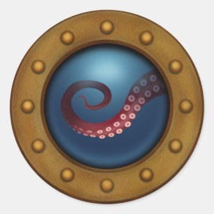 Sticker Rond Bateau Profond de la mer Créature Porthole Steampu