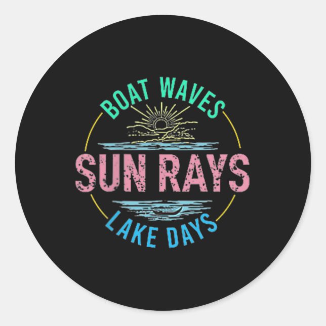 Sticker Rond Bateau Waves Sun Rays Lake Days les années 70 Rétr (Devant)