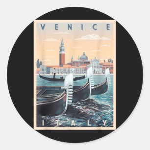 Sticker Rond Bateaux Gondoles Rétro Avec La Skyline De Venise I