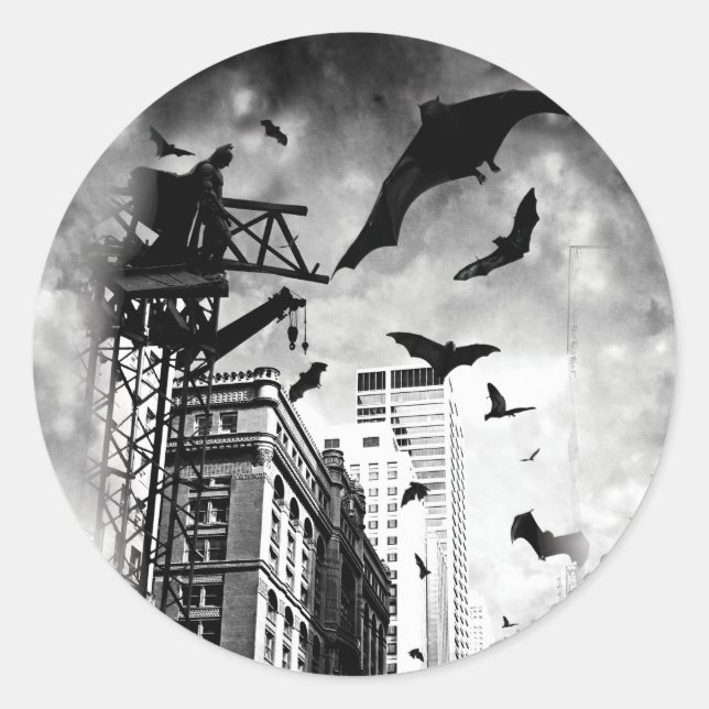 Sticker Rond Batman | Les chauves-souris qui traversent Gotham (Devant)