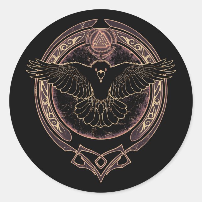 Sticker Rond Bâton rond classique Viking Raven Munin et Valknut (Devant)