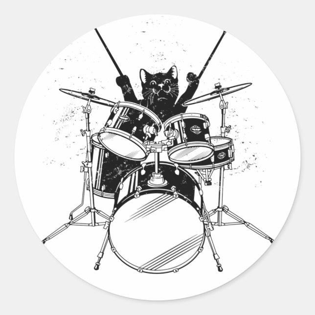 Sticker Rond Batteur à tambour de chat Jouer à la batterie Stic (Devant)