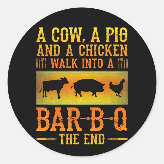Sticker Rond BBQ | Une Vache Un Cochon Et Un Poulet Marcher Dan (Devant)