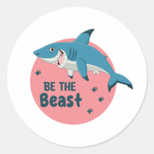 Sticker Rond Be the Beast Kawaii Happy Blue Shark on Pink