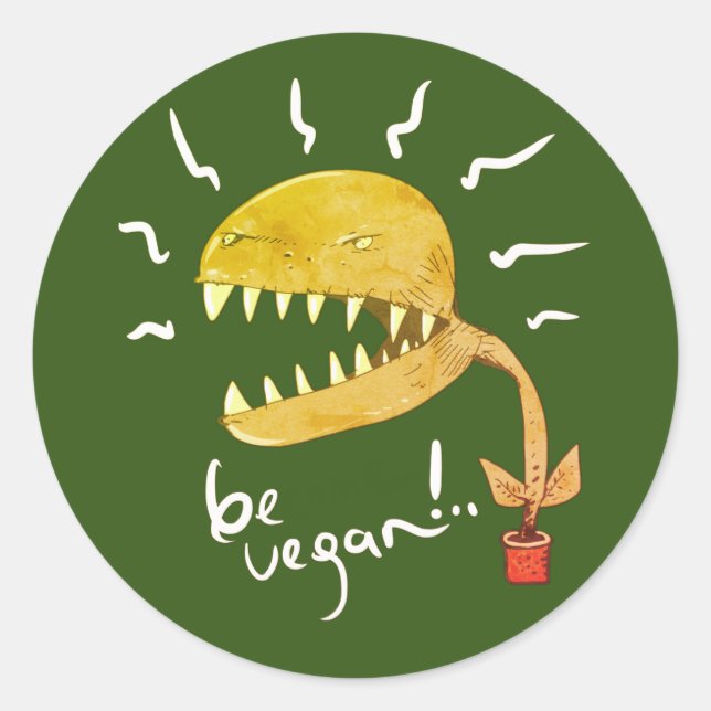 Sticker Rond be vegan drôle venus mouche piège dessin (Devant)