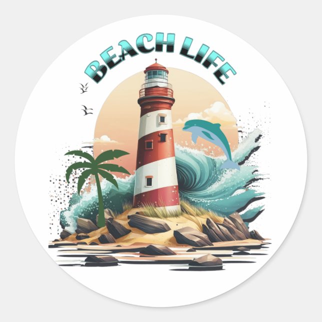 Sticker Rond Beach Life | Phare et dauphin (Devant)