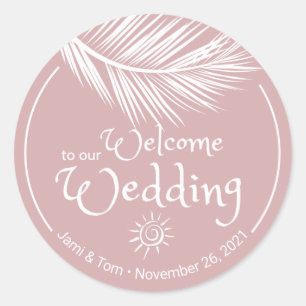 Sticker Rond Beach Palm Leaf Dusty Mariage Rose Bienvenue