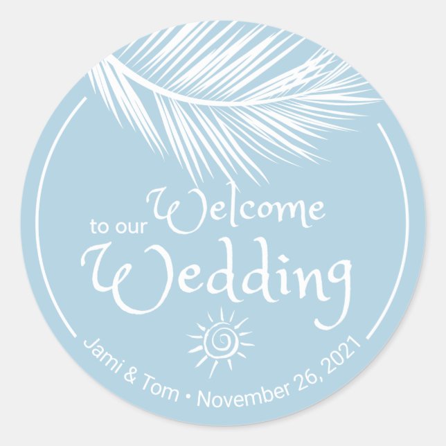 Sticker Rond Beach Palm Leaf Mariage bleu doux Bienvenue (Devant)