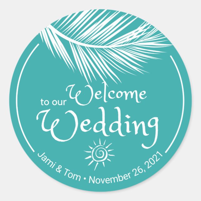 Sticker Rond Beach Palm Leaf Turqoise Mariage Bienvenue (Devant)