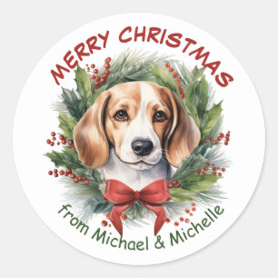 Sticker Rond Beagle Hound Christmas Red Bow Wreath