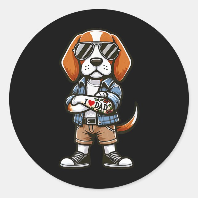 Sticker Rond Beagle J'Aime Papa Drôle Chien Tatouage (Devant)
