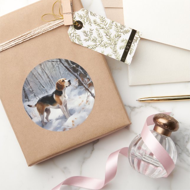 Sticker Rond Beagle Laisser Neige Noël (Cadeaux)