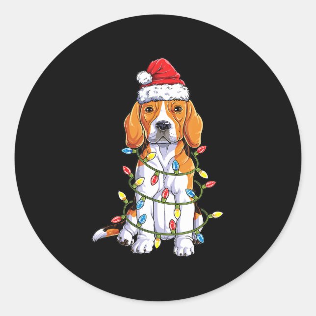 Sticker Rond Beagle Père Noël Noël Arbre Lumières Noël Cadeaux  (Devant)