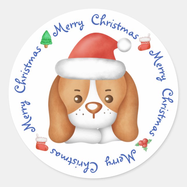Sticker Rond Beagle Puppy Dog Festive Père Noël Joyeux Noël (Devant)