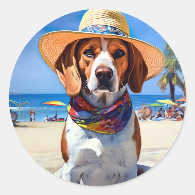 Sticker Rond Beagle sur la plage, cadeau d'été pour les amoureu (Devant)