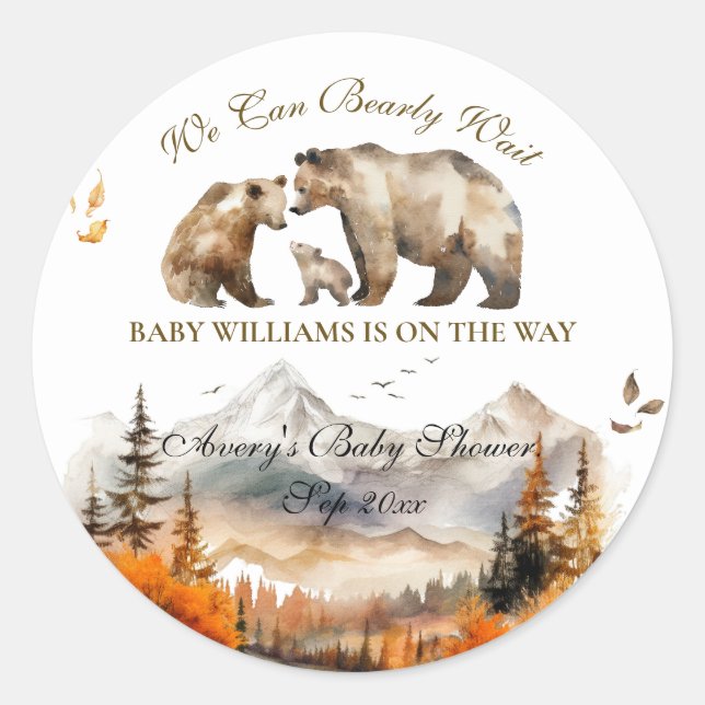 Sticker Rond Bear Adventure Fall Mountain Neutral Baby shower (Devant)