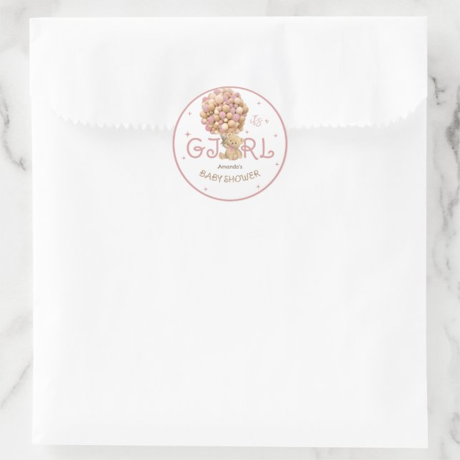 Sticker Rond Bear Ballots rose bébé douche (Sac)