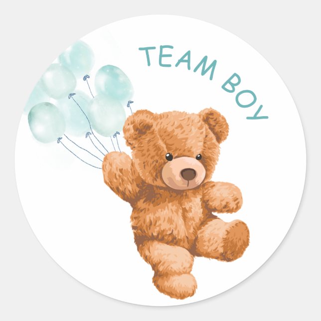 Sticker Rond Bear Blue Balloon TEAM GARÇON Genre Reveal Jeu (Devant)