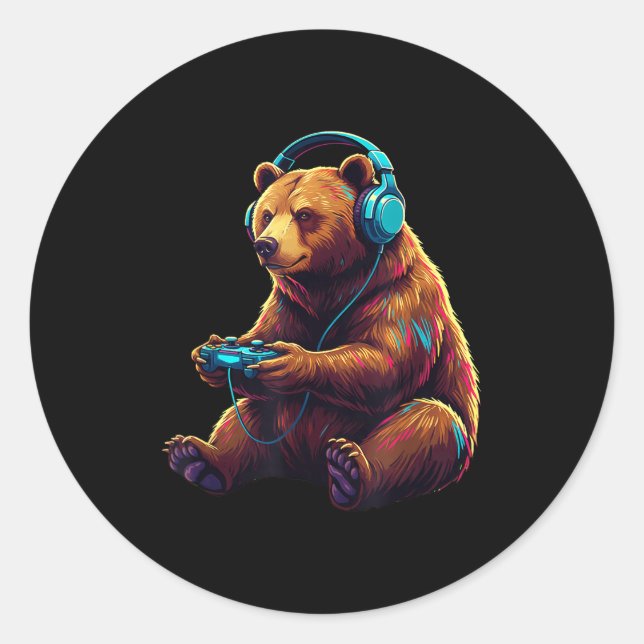 Sticker Rond Bear Gaming Animal Video Games Funny Bear  (Devant)