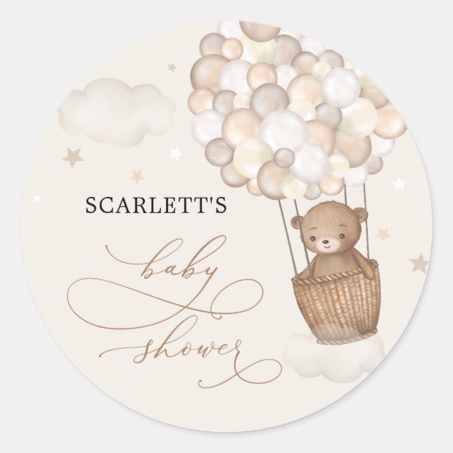 Sticker Rond Bear Hot Air Balloon Nuages Etoiles Baby shower (Devant)