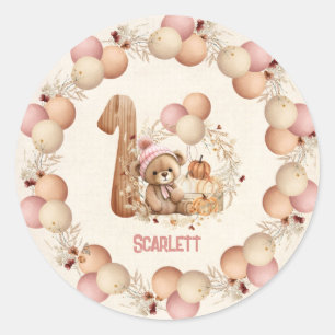 Sticker Rond Bear mignonne Automne Fille Béary 1er Anniversaire