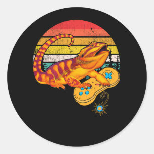 Sticker Rond Bearded Dragon Playing Video Game Reptiles Pagona