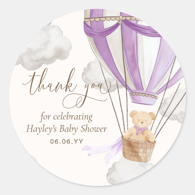 Sticker Rond Bearly Wait Teddy Bear Lilac Merci Baby shower (Devant)