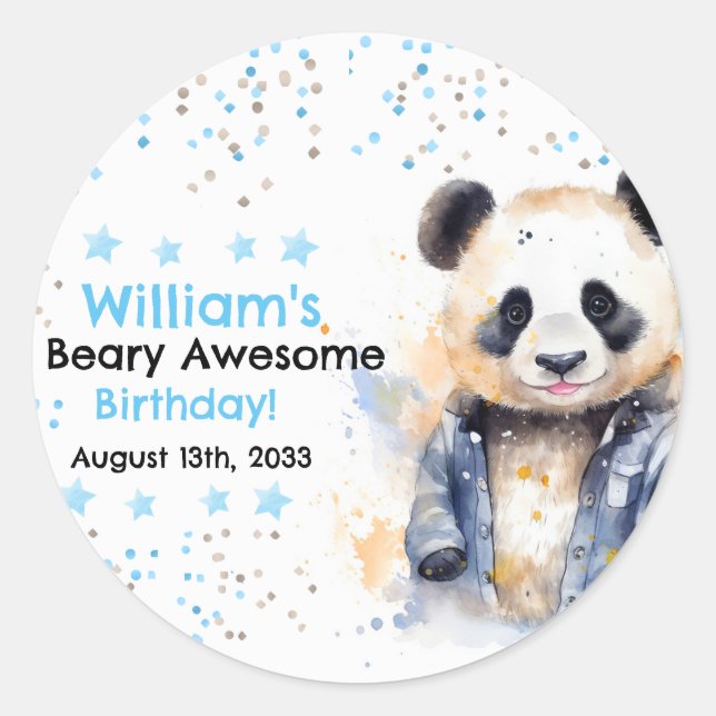 Sticker Rond Beary Awesome Boys Aquarelle Panda Anniversaire (Devant)