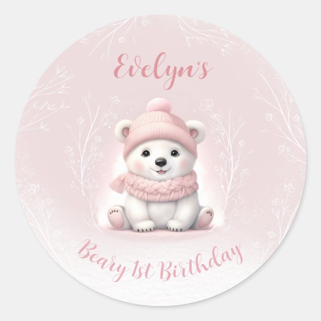 Sticker Rond Beary d'hiver 1er anniversaire Ours rose (Devant)