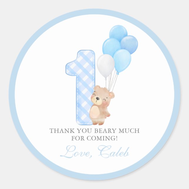 Sticker Rond Beary First Teddy Bear Boy Birthday Party (Devant)
