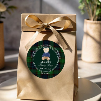 Sticker Rond Beary premier ours en peluche vert plaid anniversa