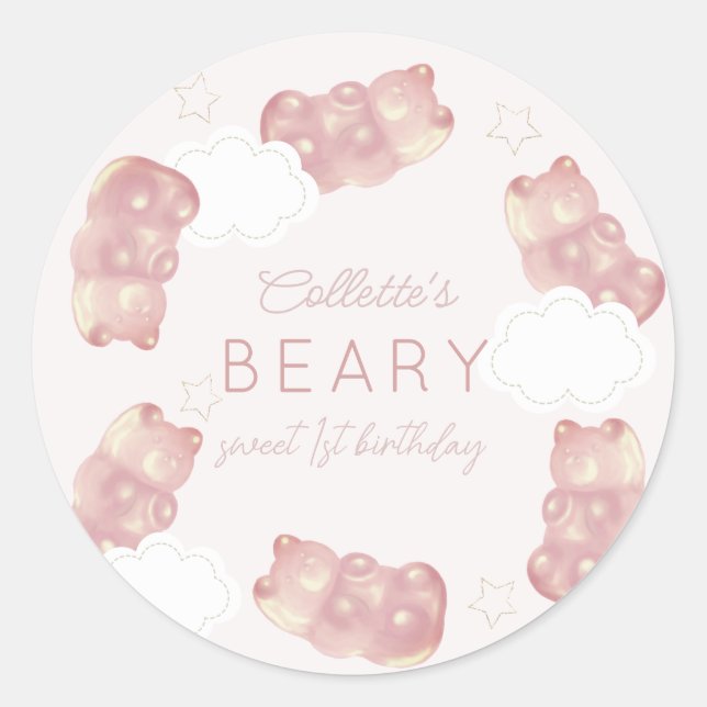 Sticker Rond Beary Sweet Pink Gummy Ours Girl Anniversaire (Devant)