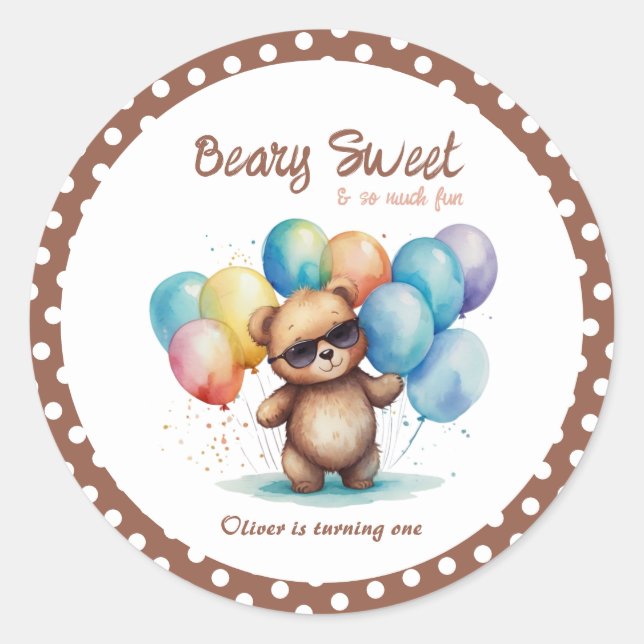 Sticker Rond Beary Sweet Teddy ours portant lunettes et ballon (Devant)