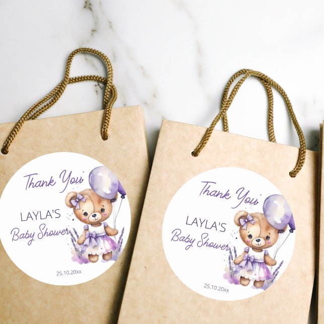 Sticker Rond Beary teddy ours violet baby shower merci favo (Beary cute teddy bear baby shower purple balloons teddy bear thank you favor stickers cute lavander)