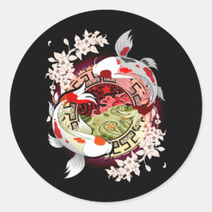 Sticker Rond Beau Art Japonais Fleur Koi Fish