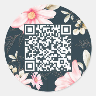 Sticker Rond Beau Blush Floral QR Code Bleu foncé