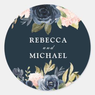 Sticker Rond Beau Blush & Navy Fleurs de mariage Favor Seal