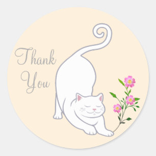 Sticker Rond Beau chat blanc avec des fleurs Merci