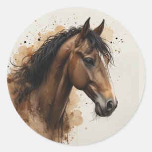 Sticker Rond Beau Cheval Brun Animal Art