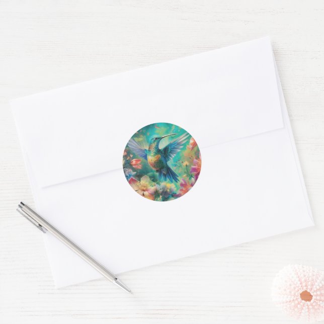 Sticker Rond Beau colibri entouré de fleurs (Enveloppe)
