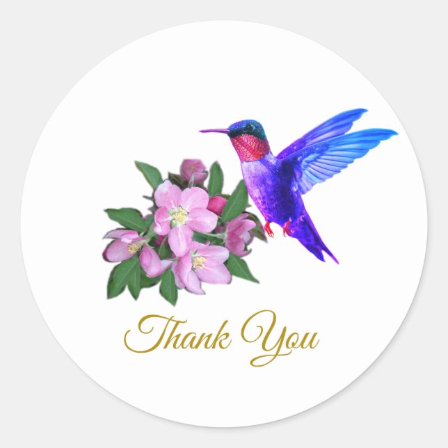 Sticker Rond Beau colibri, fleurs et Merci doré (Devant)